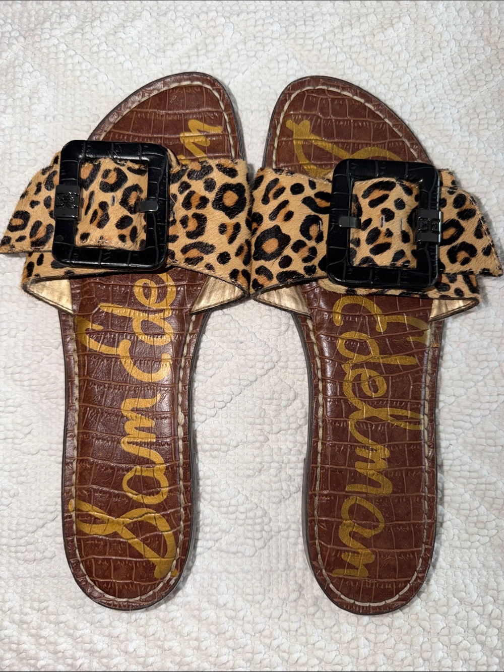 Sam Edelman Leopard Print Slide Sandals with Black Buckle